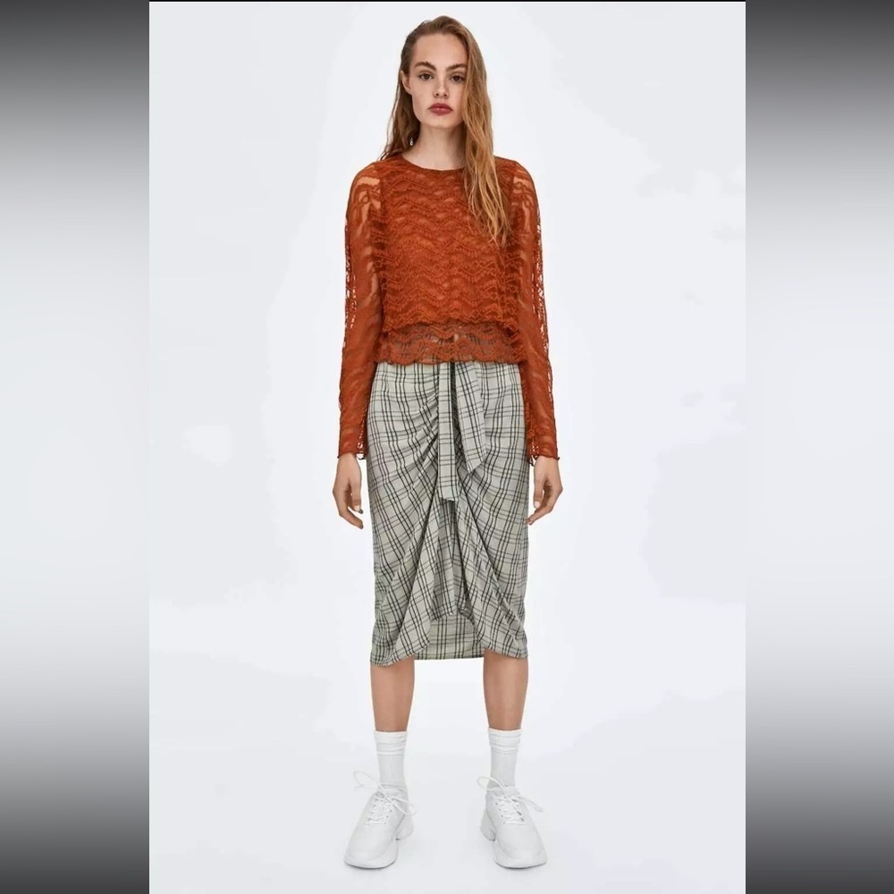 Zara Orange Rust Layered Lace Long Sleeve Top Women’s S Sheer Unlined Blouse